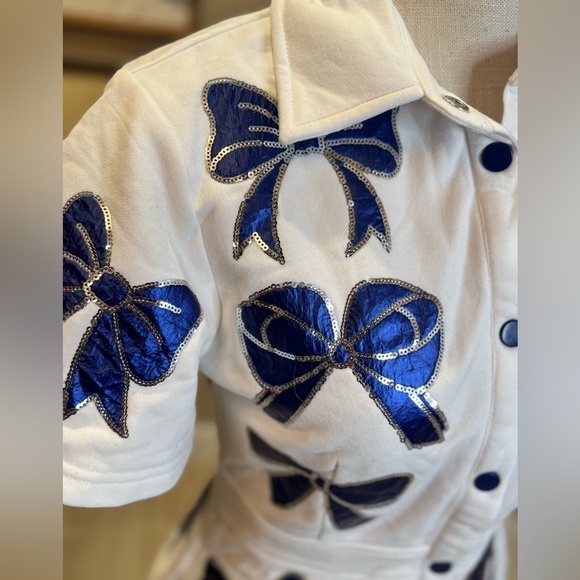 New! QUEEN OF SPARKLES White Dress with Sequin Metallic Blue Bow Accents - Picture 8 of 10